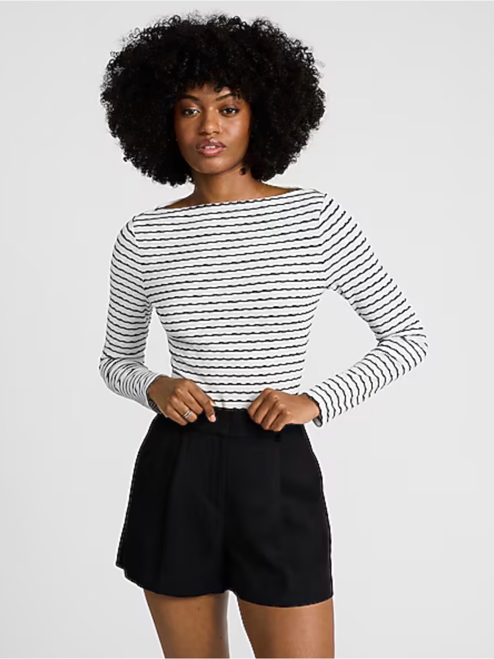 Express Striped Boatneck Long-Sleeve Top - White/Black